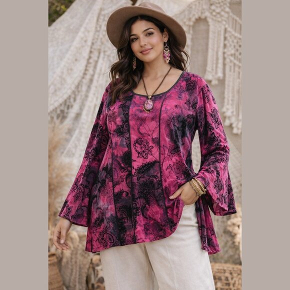 Sami & Jo Tops - SAMI & JO Boho Burnout Tunic Top Plus Size 3X Pink Black Bell Sleeve Blouse